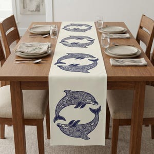 Coastal Dolphin Table Runner, Tribal Nautical Table Decor, Ocean Inspired Dining Runner, Boho Coastal Home Styling