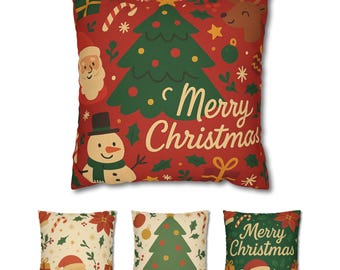 Op de afbeelding: Feestelijke kerstkussens met diverse ontwerpen. Het hoofdkussen heeft een rode achtergrond met een groene kerstboom, de kerstman, een sneeuwpop en de tekst "Merry Christmas". Andere kussens tonen vergelijkbare vakantiepatronen.