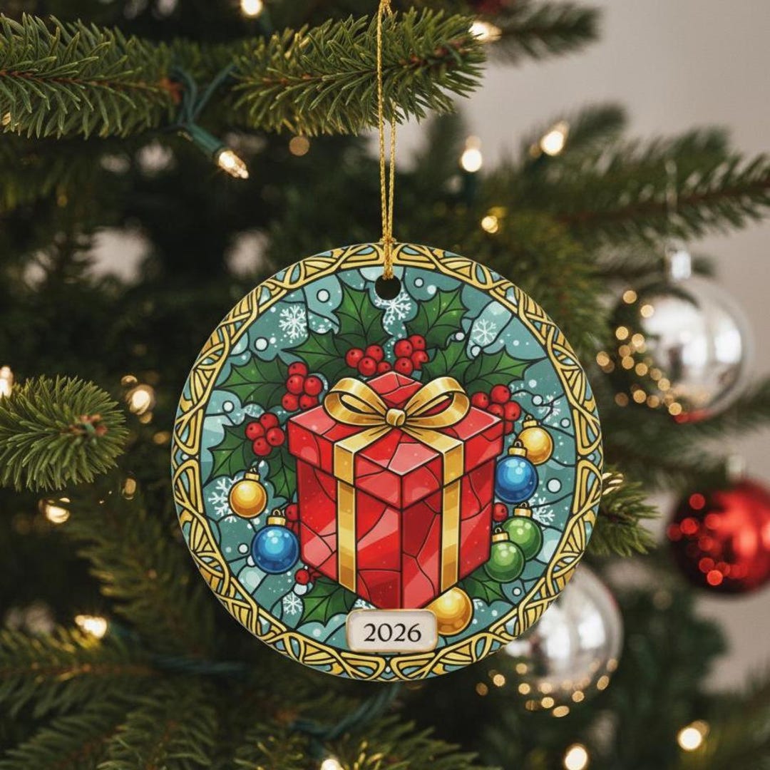 Stained Glass Style Ceramic Christmas Ornament, 2026 Keepsake, Festive ...