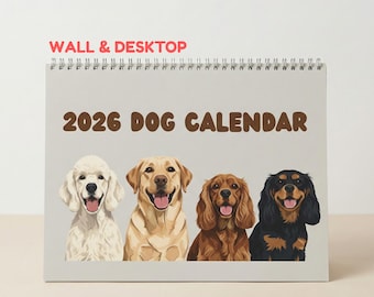 Calendario de razas de perros 2026 / Ilustración de cachorros, arte para pared y escritorio