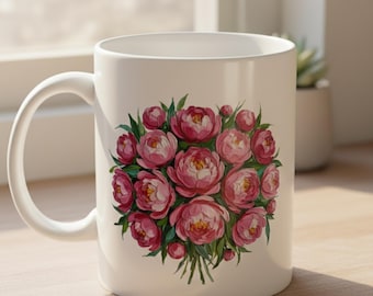 Floral Peony Bouquet Coffee Mug, Botanical Ceramic Gift