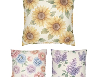 Watercolor Floral Pillow Cover, Spring Garden Bloom Cushion, Lilac Sunflower Decor