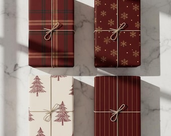 Elegant Christmas Wrapping Paper | Burgundy Plaid, Snowflake, Tree