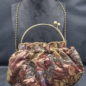 Vintage metallic browns/golds beaded floral patterns,  shoulder/crossbody bag, top handle purse/bag