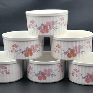 May include: Six white ceramic ramekins stacked. Each ramekin features a ribbed design and is decorated with a floral pattern in shades of pink, orange, and purple. The ramekins are arranged in a pyramid shape, showcasing their design.