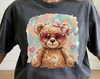 Coquette Valentine's Day Bear Clipart Png, Watercolor Bear with Heart Graphic, Heart Sunglasses Png, Sublimation Design