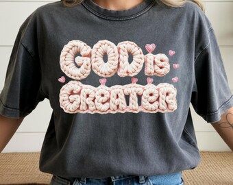 God is Greater Png, Faux Yarn Faith Png, Trendy Christian Design, Bible Verse Png, Inspirational Religious Shirt Png, Jesus Png