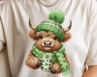 Highland Cow St. Patrick's Day Png, Coquette St. Patty's Day Png, Coffee Lover Png, Irish Cow Png, Lucky Png, Trendy Shirt Design