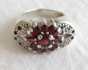 Vintage 1990s Ring Garnet Marcasite and Sterling Art Deco Style Size 6