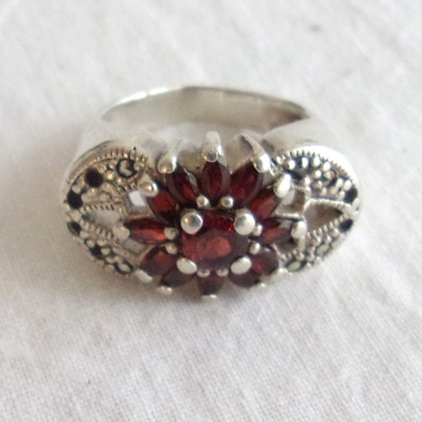 Vintage 1990s Ring Garnet Marcasite and Sterling Art Deco Style Size 6