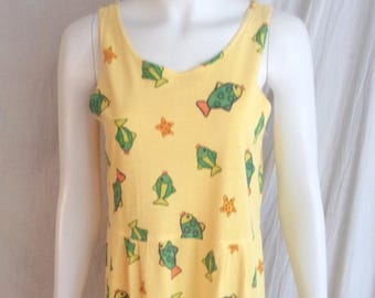 Vintage 1990s Maxi Sun Dress Fish Print Cotton Knit S/M