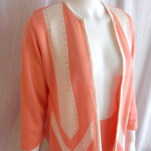 Vintage 1960s Sweater Set Knit Jacket and Skirt Tangerine and Cream S/M
