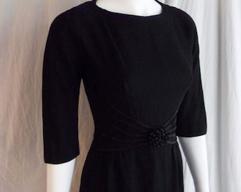 Vintage 1950s Dress Black Rayon Crepe Cocktail Wiggle Dress Satin Ribbons and Rosette Small