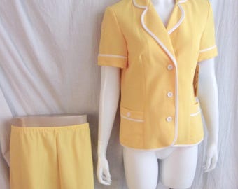 Tailleur-pantalon vintage des années 1970 jaune vif neuf avec étiquettes Mod Medium