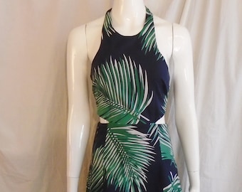 Vintage 1990s Sundress Palm Frond Print Halter Neck Tie Back Full Skirt Small