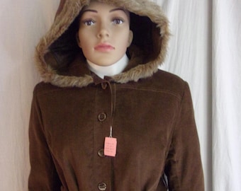 Vintage 1970s Jacket Brown Corduroy with Fake Fur and Hood NWT Deadstock  Medium