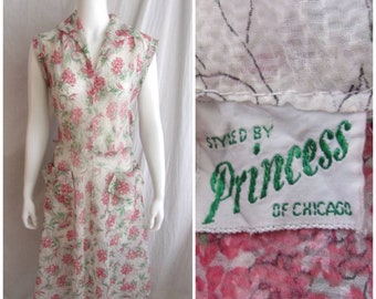 Vintage 1950s Dress Sheer Nylon with Floral Print Princess Label M 38 x 28 x 44