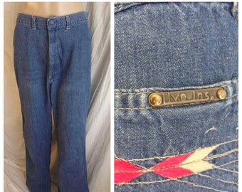 Jeans vintage des années 1970 brodé avec poches arrière Boho Hippie Medium