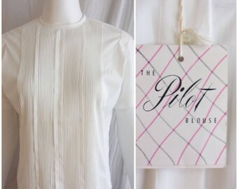 Vintage 1950s Blouse NWT White Nylon Back Button Pilot Blouse XL