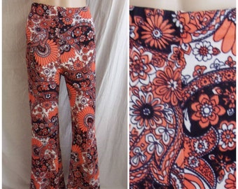 Vintage 1970s Pants Orange and Black Print Psychedelic Flare Leg Pants Small