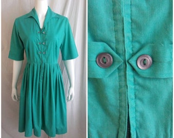 Vintage 1950s Dress Jade Green Cotton Fit and Flare Swing Style Medium 38 x 28 x full