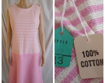 Vintage 1960s Dress Striped and Solid Pink and White Mod Dress NWT Deadstock S/M 37 x 31 x 37