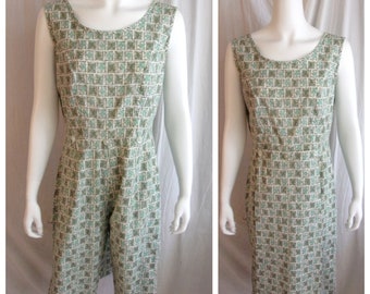 Vintage 1950s Romper Green and White Cotton MCM Print Button on Skirt Panels Large 42 x 32 x 44