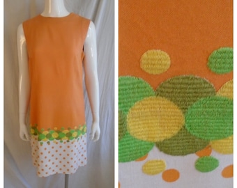 Vintage 1960s Dress Orange Yellow Green Mod Mini Dress Woven Polka Dots Medium