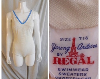 Vintage 1950s Swimsuit Womans White Quilted Fabric One Piece Pin Up S/M