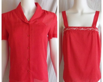 Vintage 1970s Blouse and Camisole Set Red with White Embroidery Small