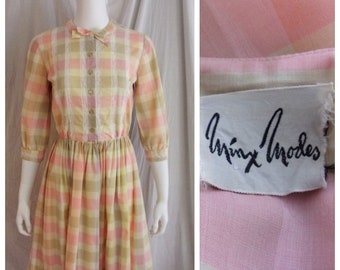 Vintage 1960s Dress Pastel Plaid Cotton Day Dress Full Skirt Lace Trim Minx Modes XS