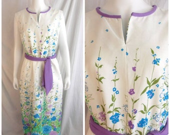 Vintage 1960s Maxi Dress Nelly Don Floral Border Print Medium 40 x 30 x 40