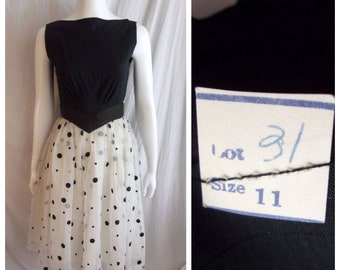 Vintage 1950s Dress Full Skirt Black and White Polka Dot NWOT Small