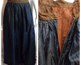 Vintage 1900s Skirt Blue and Black Checked Silk over Cotton 30 Waist