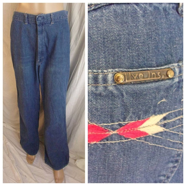 Vintage 1970s Jeans Embroidered Back Pockets Boho Hippie Medium