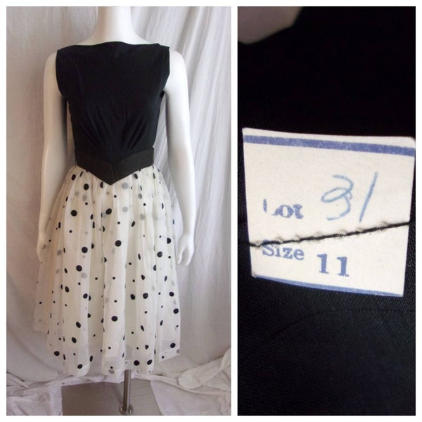 Vintage 1950s Dress Full Skirt Black and White Polka Dot NWOT Small