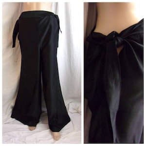 Vintage 1970s Pants Full Leg Palazzo Pants Black Silk Side Ties Small