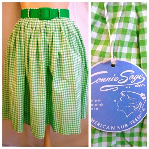 Vintage 1950s Skirt Deadstock Green and White Gingham XXS Adorable Hang Tag Built in Crinoline