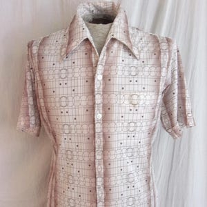 Vintage 1970-tals herrskjorta med modtryck, kortärmad skjorta, Joel Disco, stor