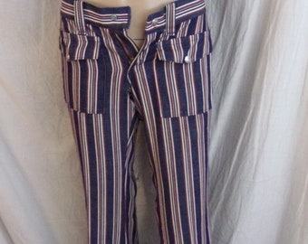 Vintage 70s Flare Leg Pants: Striped Red White Blue Cotton XS