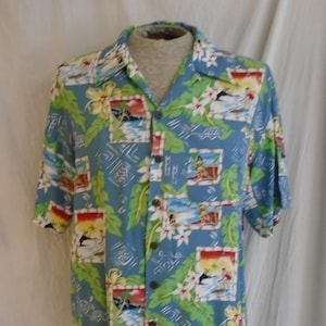 PROMOÇÃO Camisa masculina vintage dos anos 80 com estampa de cartão postal havaiano, camisa tiki, camisa hula, rayon grande