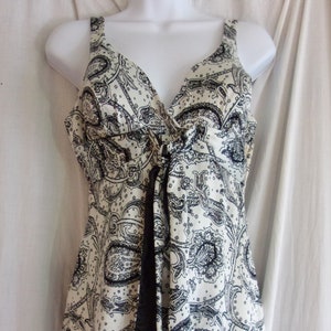 Vintage 1960s Swimsuit Black and White Paisley with Fringe Small