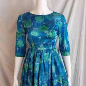 Vintage 1950s Dress Blue and Green Watercolor Print Silk Fit and Flare XS Petite