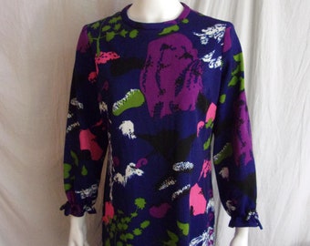 Vintage 1970s Dress Bold Print Multi Color Easy Fit Mod Dress XL