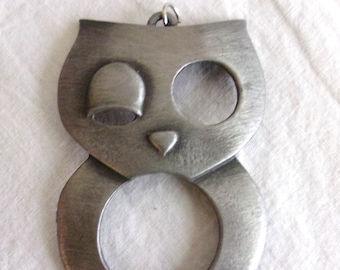 Vintage 1970s Owl Pendant Oversized Pewter Color