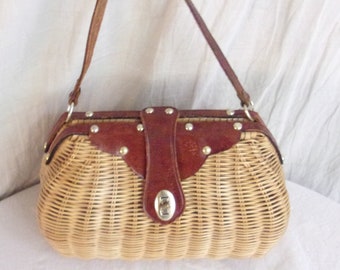 Vintage 1960s Purse Wicker with Leather Trim Nantucket Style