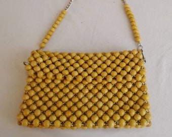 Vintage 1960s Purse Yellow Wooden Bead Shoulder Purse Mod Hippie Funky