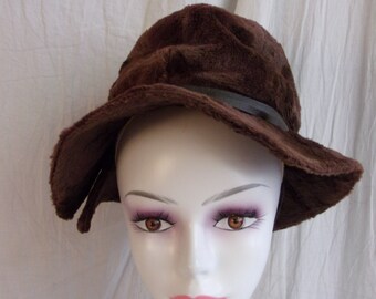 Vintage 1960s Hat Brown Faux Fur Wide Brim Floppy Mod Hat