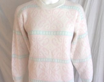 Vintage 1980s Sweater Pale Pastel Geometric Pullover Preppy Medium