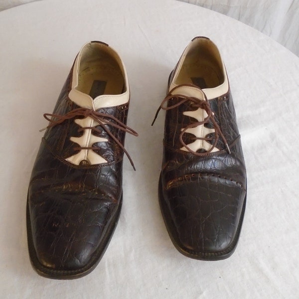 Vintage 1990s Mens Shoes Wing Tips Faux Alligator Brown with White Inserts Two Tone Rockabilly Style Size 11.5